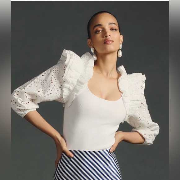 dolan Tops - Anthropologie Dolan Eyelet Ruffle Sleeve scoop neck Sweater Top Ivory cream S